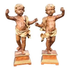 Large Pair Italian 18th Century Polychrome and Giltwood Cherub / Angels