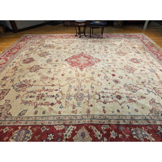Textile Antique Turkish Oushak Rug, Hand-Knotted Wool, Allover Geometric Pattern, Tan & Red, 14' X 15' For Sale - Image 7 of 18