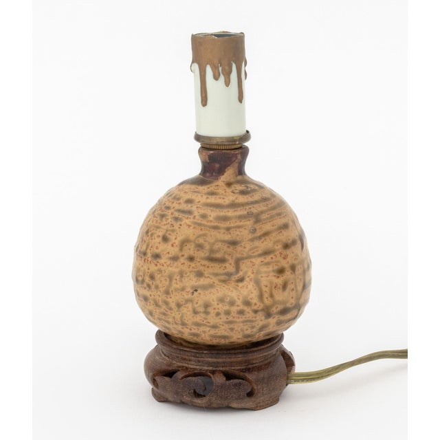 Modern Studio Pottery Thumbprint Vase Mounted as a Table Lamp, with green glazed patterns, candlestick style mount, and...