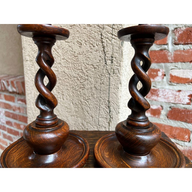 Antique English Oak Open Barley Twist Candlesticks Jacobean Pair C1890 11.0” For Sale - Image 11 of 18