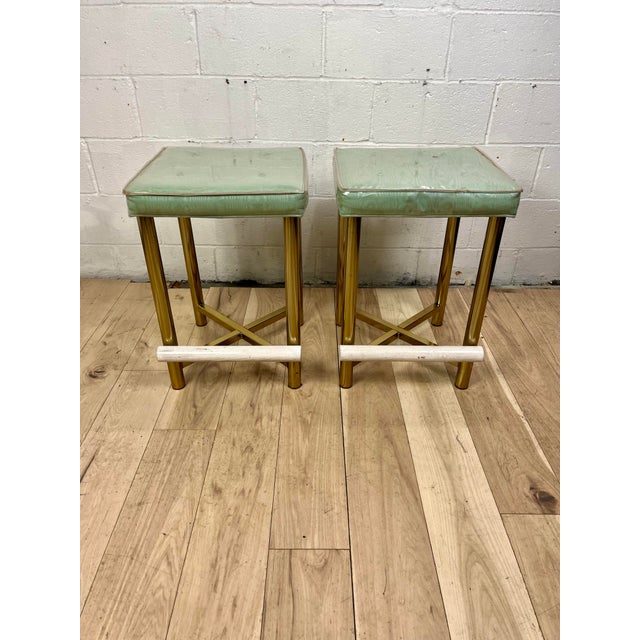 Wood Hollywood Regency Brass Stools, Vintage Seating, United States, 1970s For Sale - Image 7 of 11