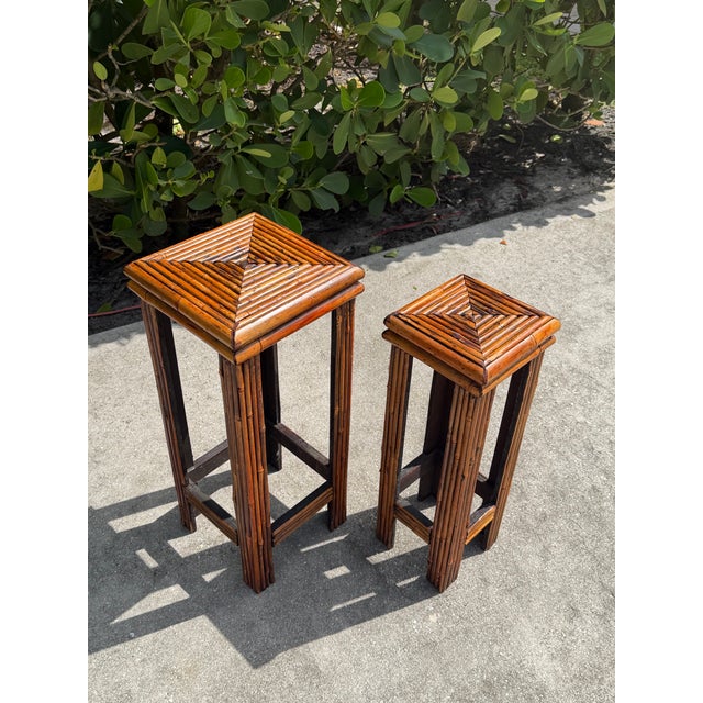 Brown Vintage Graduated Bamboo & Rattan Pedestal Plant Stands, Pair For Sale - Image 8 of 10