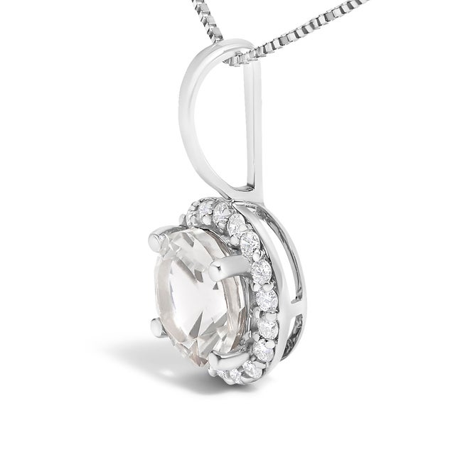 Contemporary 10K White Gold White Topaz and 1/10 Cttw Diamond Accent Halo Pendant Necklace For Sale - Image 3 of 5