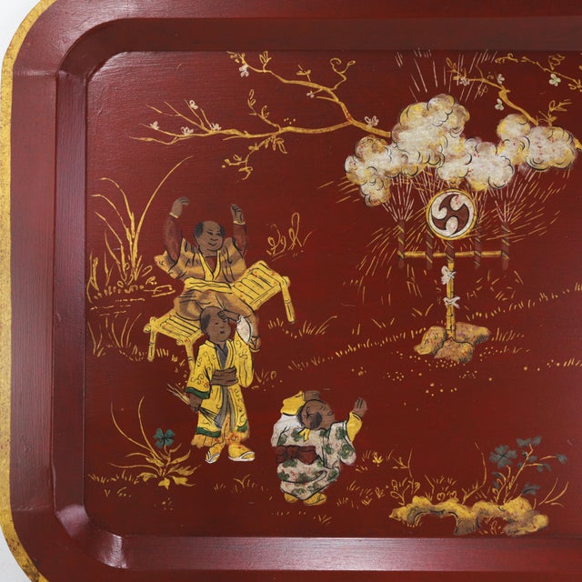 Metal Vintage Red Lacquer Rectangular Tray With Hand Painted Gold Asian Festival Scene and Chinoiserie Style For Sale - Image 7 of 13