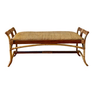 Vintage Costal Bamboo Bench With Woven Seagrass Seat For Sale