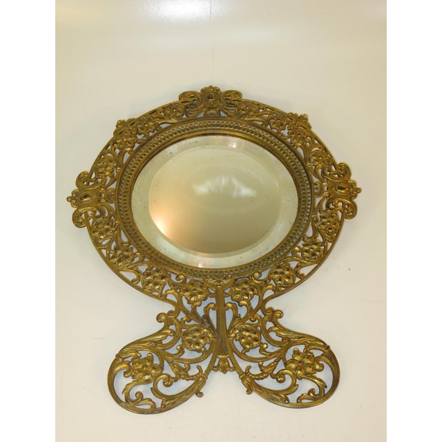 Late 19th Century Beveled Glass Mirror Gold Gilt Pierced Antique Aesthetic Movement, Victorian Table Wall Gilded Cast Iron Reticulated For Sale - Image 13 of 15