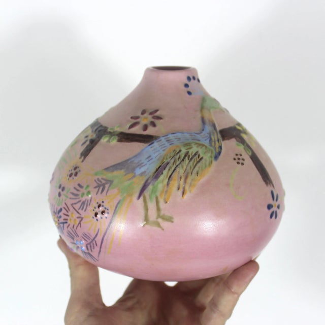 Vintage Studio Pottery Vase With Peacock and Raised Flower Details Pink Signed by Artist For Sale - Image 9 of 11