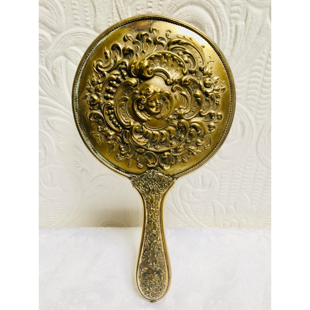 1890’s Antique Victorian Gold Hand Mirror Angel Face For Sale - Image 4 of 9