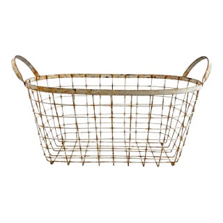 Mid-Century French Distressed White Wire Gathering Basket With Ball Feet & Handles For Sale