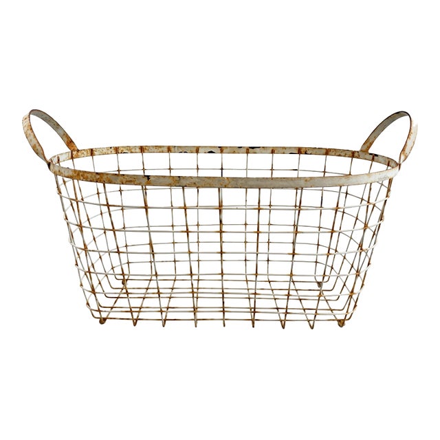 Mid-Century French Distressed White Wire Gathering Basket With Ball Feet & Handles For Sale