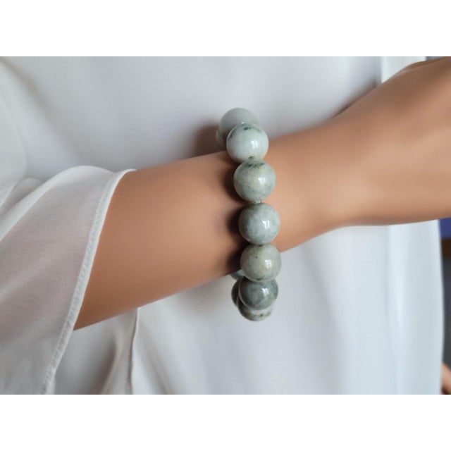 Burmese Pale Celadon Jade Beaded Stretch Bracelet, 9 Inch For Sale - Image 4 of 8
