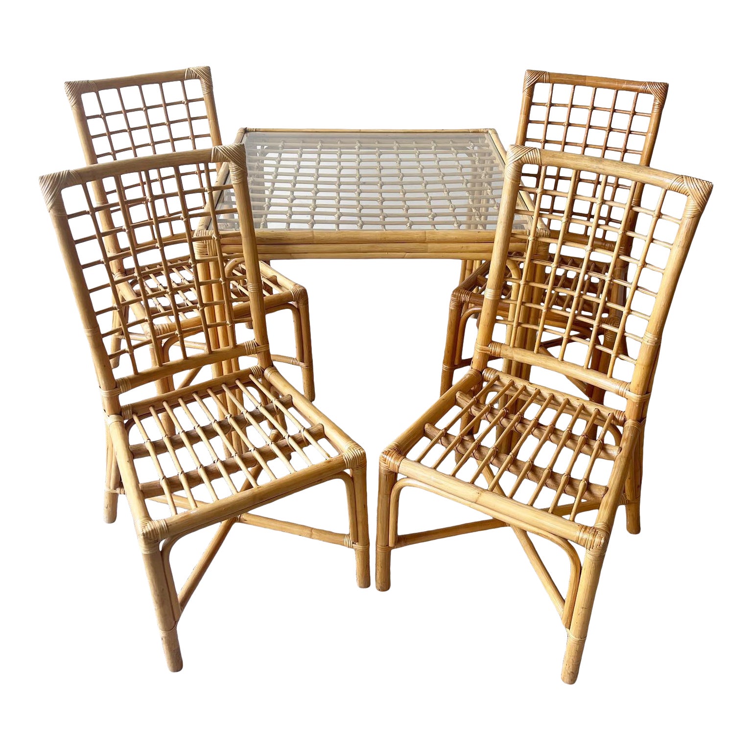 Bamboo Rattan Glass Top Gridded Kitchen Table Set With 4 Chairs 5