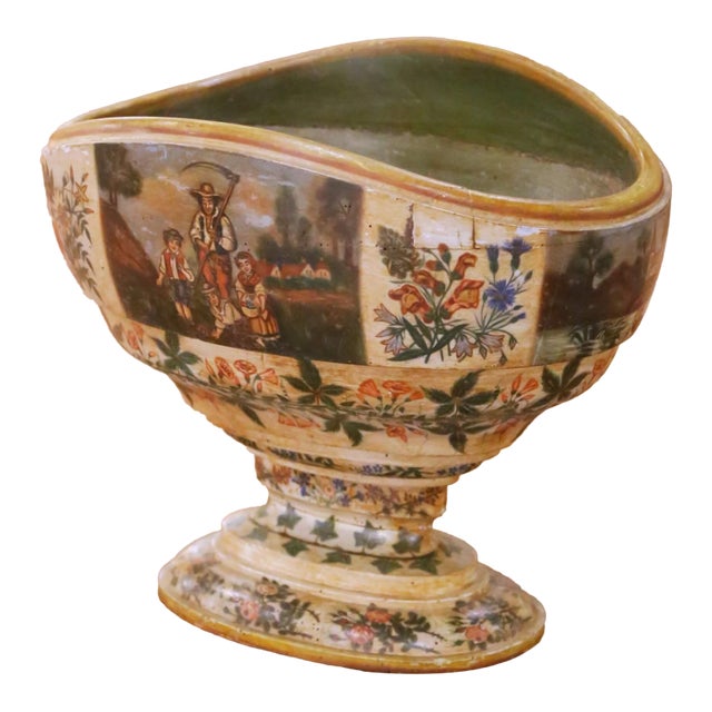 19th Century Italian Hand-Painted Carved Wood Pedestal Centerpiece Bowl For Sale