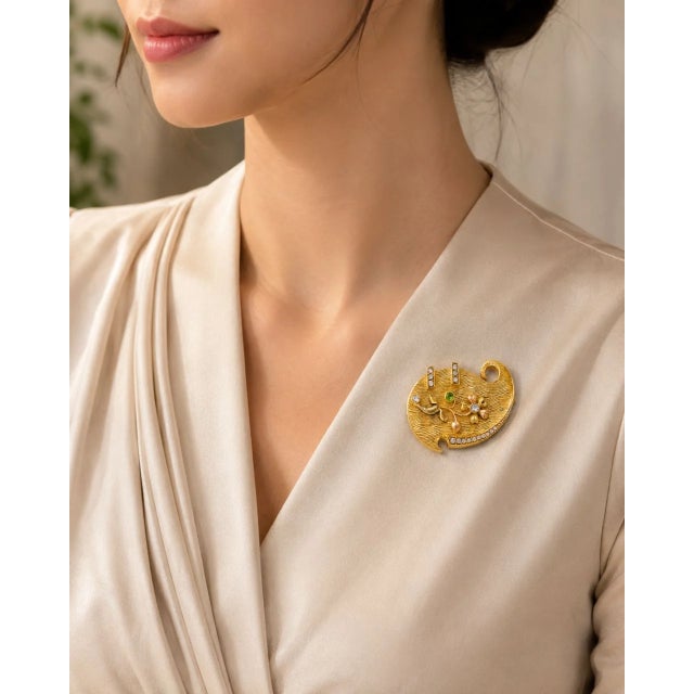 Exquisite 14K tri-color gold antique brooch pin featuring a harmonious blend of yellow, rose, and green gold. Adorned with...