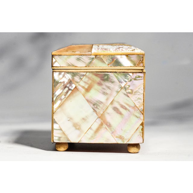 Rare Antique English Mother of Pearl Jewelry Box Victorian Miniature Keepsake Box With Key For Sale - Image 12 of 14