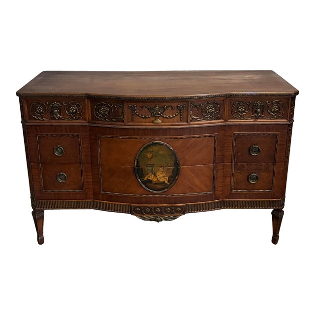 Early 20th Century Neoclassical Mahogany Sideboard With Hand-Painted Oval Medallion & Bronze Ormolu For Sale
