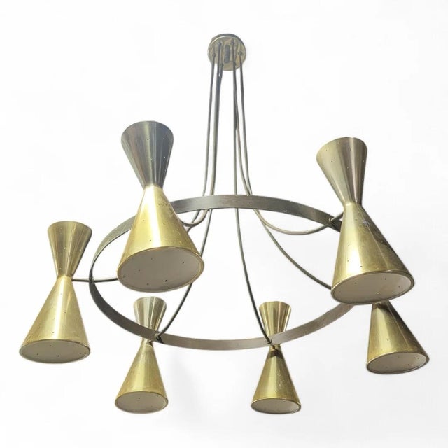 Metal Mid-Century Modern Brass & Black Metal Chandelier With Sculptural Trumpet Shades For Sale - Image 7 of 8