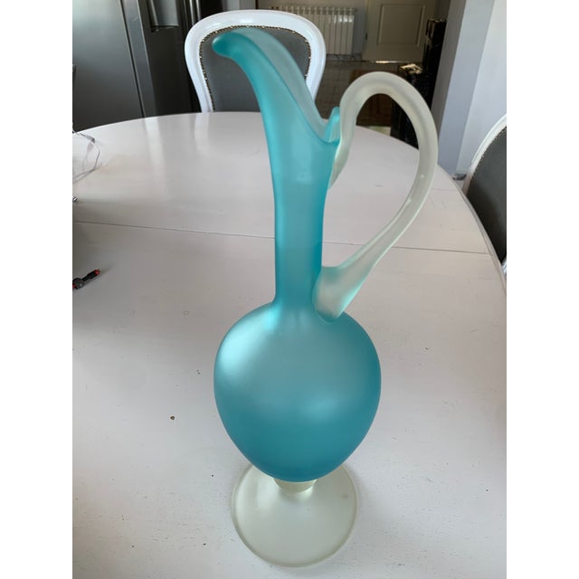 Turquoise and White Sandblasted Glass Carafe, 1970s For Sale - Image 9 of 18