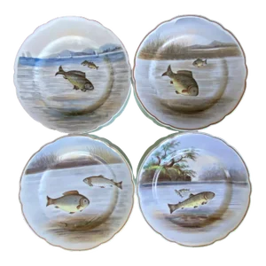 1880s Royal Vienna Hand Painted Fish Plates Scalloped Edges Gold Gilding - Set of 4
