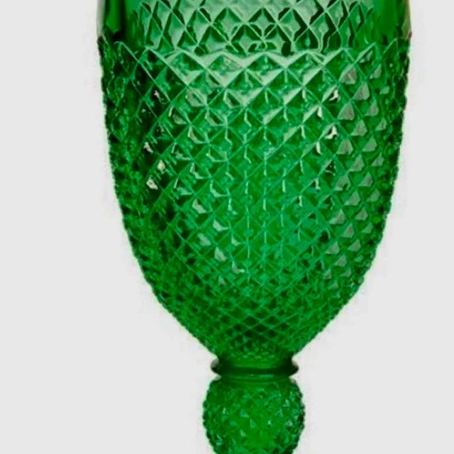 Emerald Green goblets by Mosser Glass Company, Ohio USA. 7" High X 3" deep. Holds 10 ounces. Mosser Glass is a family-...