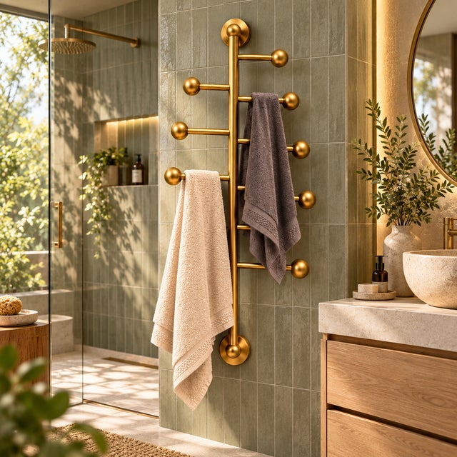 Brass Wall Mounted Towel Rack | Vertical Multi-Arm Towel Holder | Luxury Bathroom Decor | Modern Brass Towel Bar With Finials 36 Inches For Sale - Image 11 of 11