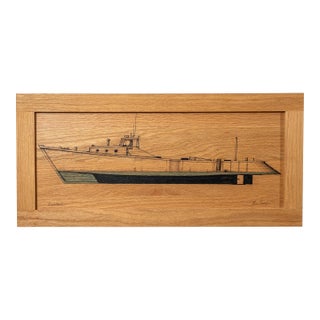 1950s Signed Ink Drawing on Wood, Dovetail Ship Model For Sale