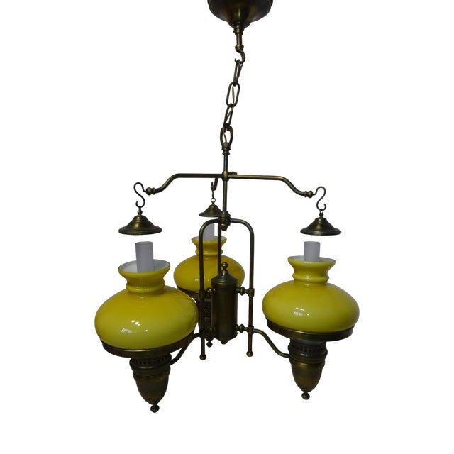 Large Vintage Three-Light Chandelier in Brass, Iron, and Glass, 1970s For Sale
