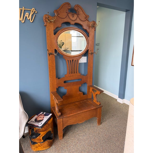 Brown Wood Carved Hall Tree Antique Bench Seat Hang Coats Mirror Seat For Sale - Image 8 of 9