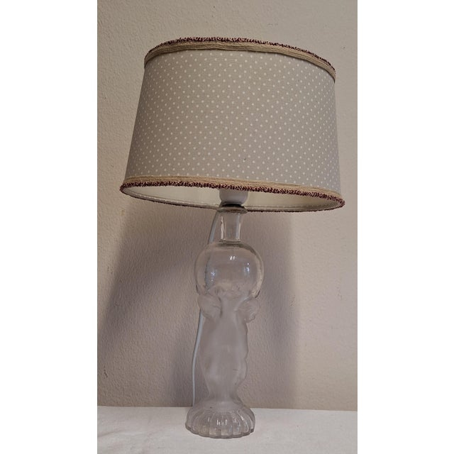 French Table Lamp with Partially Frosted Glass Base, Atlas Motif and Fabric Shade, 1970s For Sale - Image 6 of 9