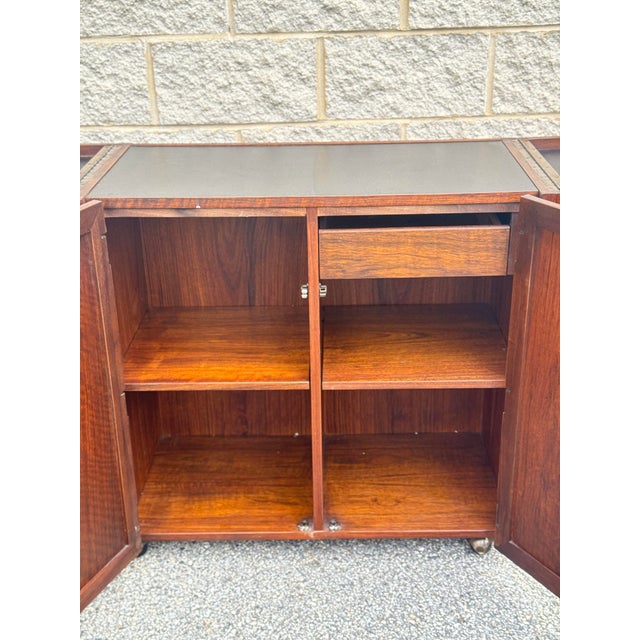 Mid Century Walnut Bar Cabinet With Sliding Top Extension and Cane Doors For Sale - Image 10 of 12