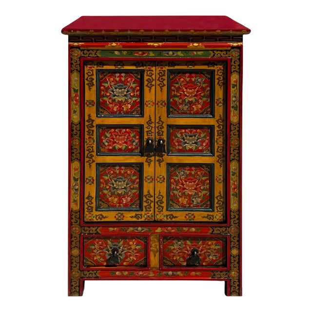 Tibetan Orange Yellow Jewel Floral Tall End Table Nightstand Cabinet For Sale
