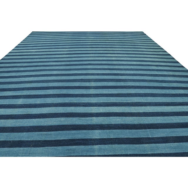 Rug & Kilim Rug & Kilim's Oversized Contemporary Dhurrie Rug in Blue Geometric Stripes - 13x19 For Sale - Image 4 of 8