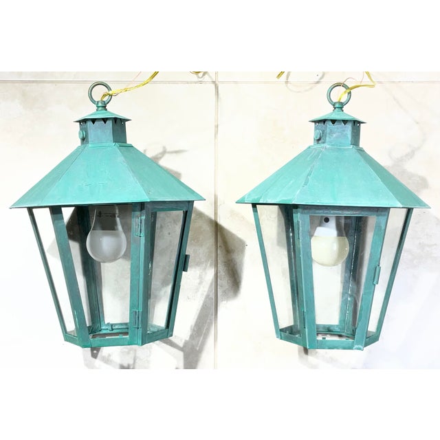 Hand-Crafted Vintage Solid Brass Hexagonal Hanging Lanterns, Usa For Sale - Image 13 of 16