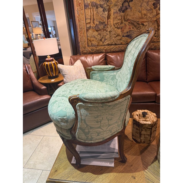 Late 19th Century French Walnut Bergère in Green Cotton Damask For Sale - Image 15 of 16