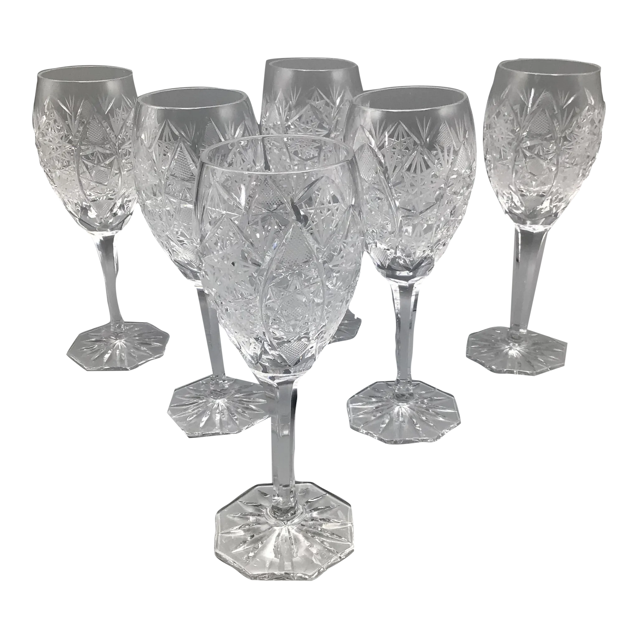 Antique Deep Cut Star Pattern Crystal Wine Glasses-Set of 6