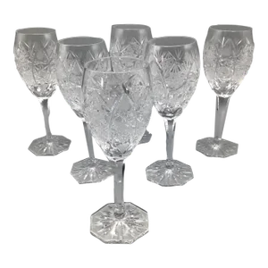 Antique Deep Cut Star Pattern Crystal Wine Glasses-Set of 6
