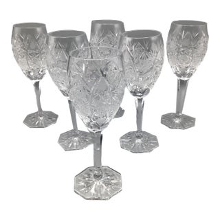 Star Pattern Crystal Wine Glasses Antique Deep Cut -Set of 6 For Sale