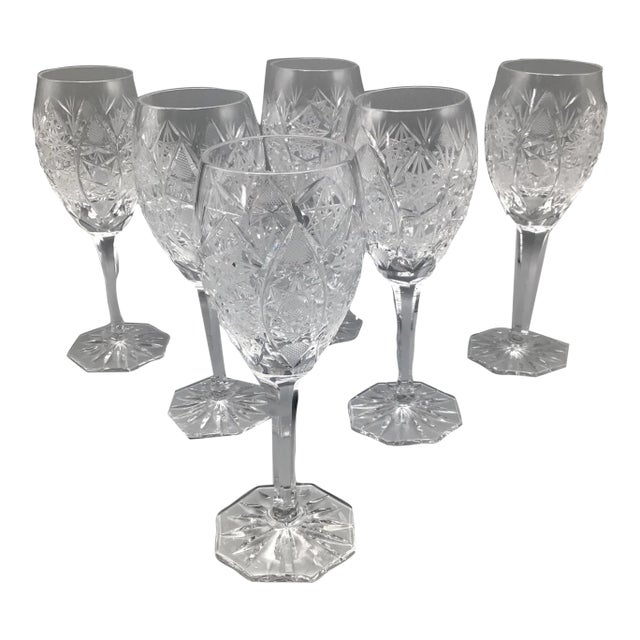 Star Pattern Crystal Wine Glasses Antique Deep Cut -Set of 6 For Sale