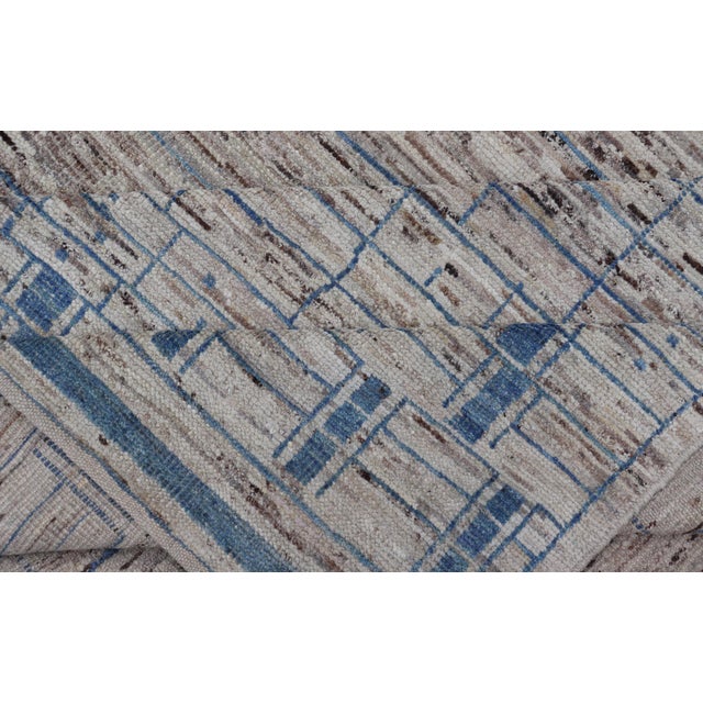 Modern Hand-Knotted Rug in Wool With Sub-Geometric Design in Blue and Cream 10'6 X 14'2 For Sale - Image 11 of 12