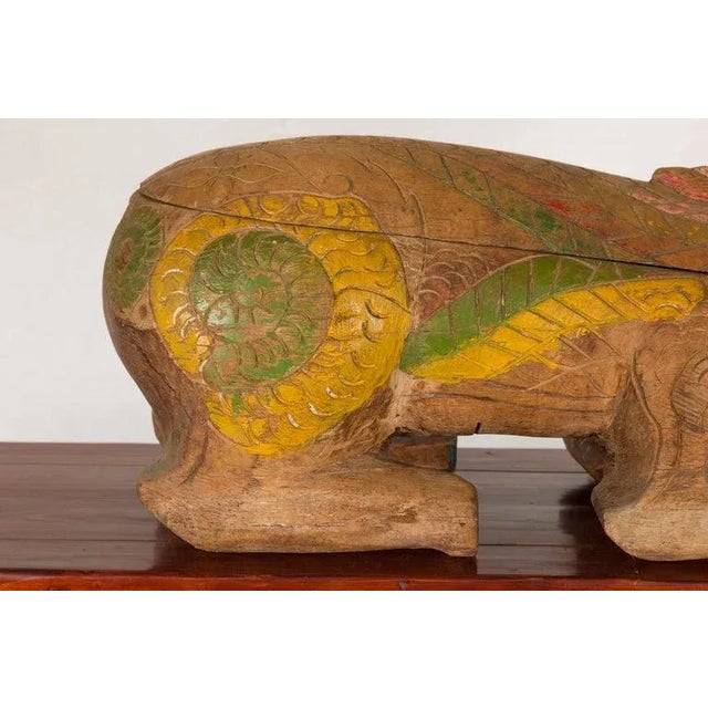 1900s Thai Reclining Guardian Lion Carved Prayer Box with Polychrome Décor For Sale - Image 11 of 13