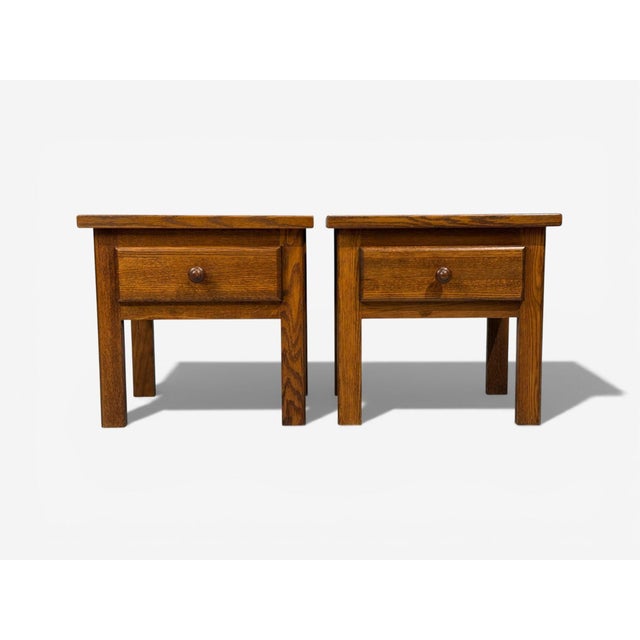 French Mid-Century Modern, Brutalist Nightstands, Oak, France, 1960s Pair of single drawer bedside tables designed and...