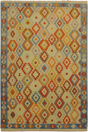 Contemporary Tribal Ivory/Blue Hand-Woven Kilim Wool Rug -6'9 X 9'9