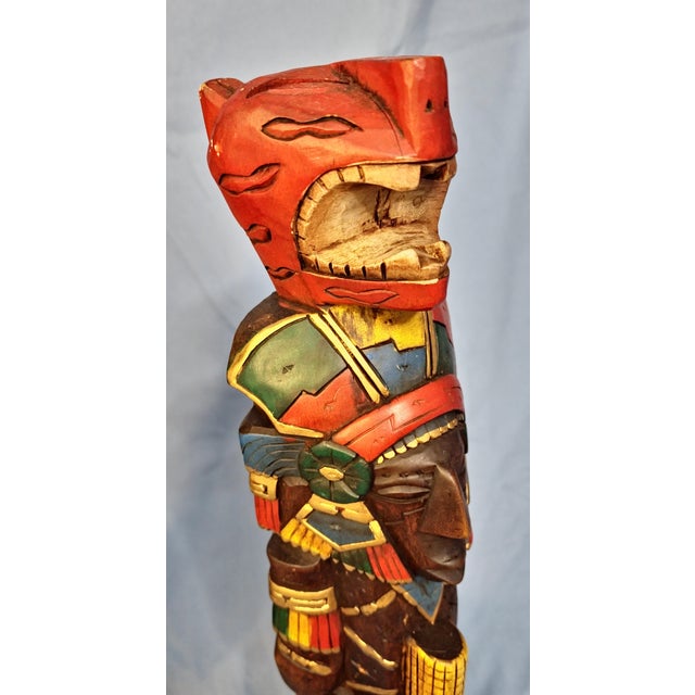 Mexican Pair of Mayan Aztec Vintage Totem Sculptures ~ Hand Painted ~ Hand Carved For Sale - Image 3 of 9