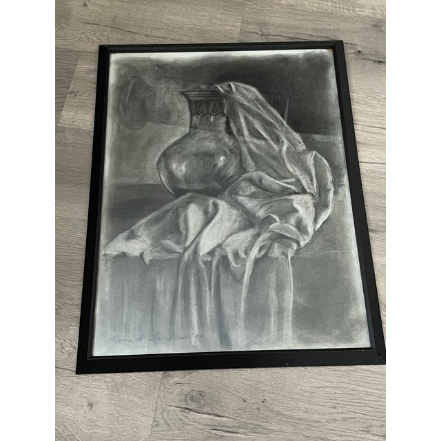 Naomi Sanders Original Framed Charcoal Still Life Drawing of Urn and Drapery, 2000 For Sale In Palm Springs - Image 6 of 9
