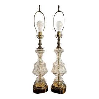 1970s Neoclassical Cut Crystal and Brass Urn Form Table Lamps (No Shades) – A Pair For Sale