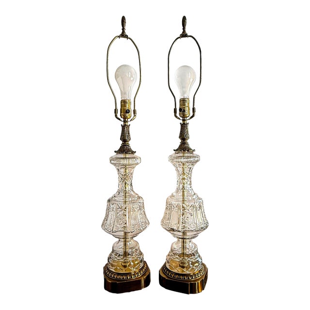 1970s Neoclassical Cut Crystal and Brass Urn Form Table Lamps (No Shades) – A Pair For Sale