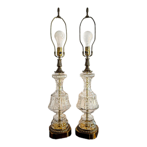 1970s Neoclassical Cut Crystal and Brass Urn Form Table Lamps (No Shades) – A Pair