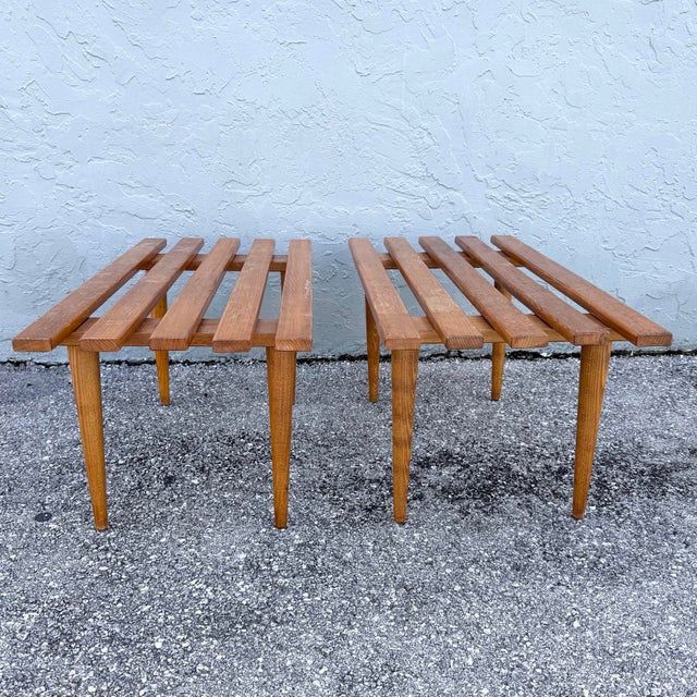 Mid Century Modern Slatted Benches/Side Tables - A Pair For Sale - Image 4 of 8