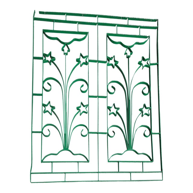 1920s Geometric Art Deco Wrought Iron Gate Panel With Star Flower and Arrow For Sale