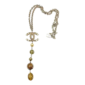 Chanel Rare Gold CC Shiny Gold Crystal Pearl Bead Long Dangle Pendant Necklace